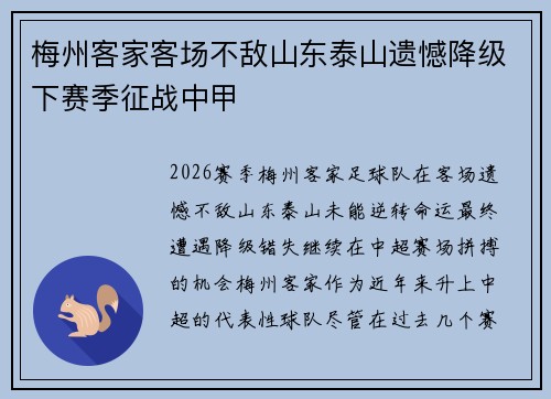 梅州客家客场不敌山东泰山遗憾降级下赛季征战中甲